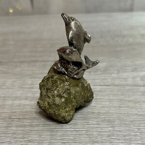 Silver Dolphin Figurine on Pyrite Crystal Fools Gold Cluster